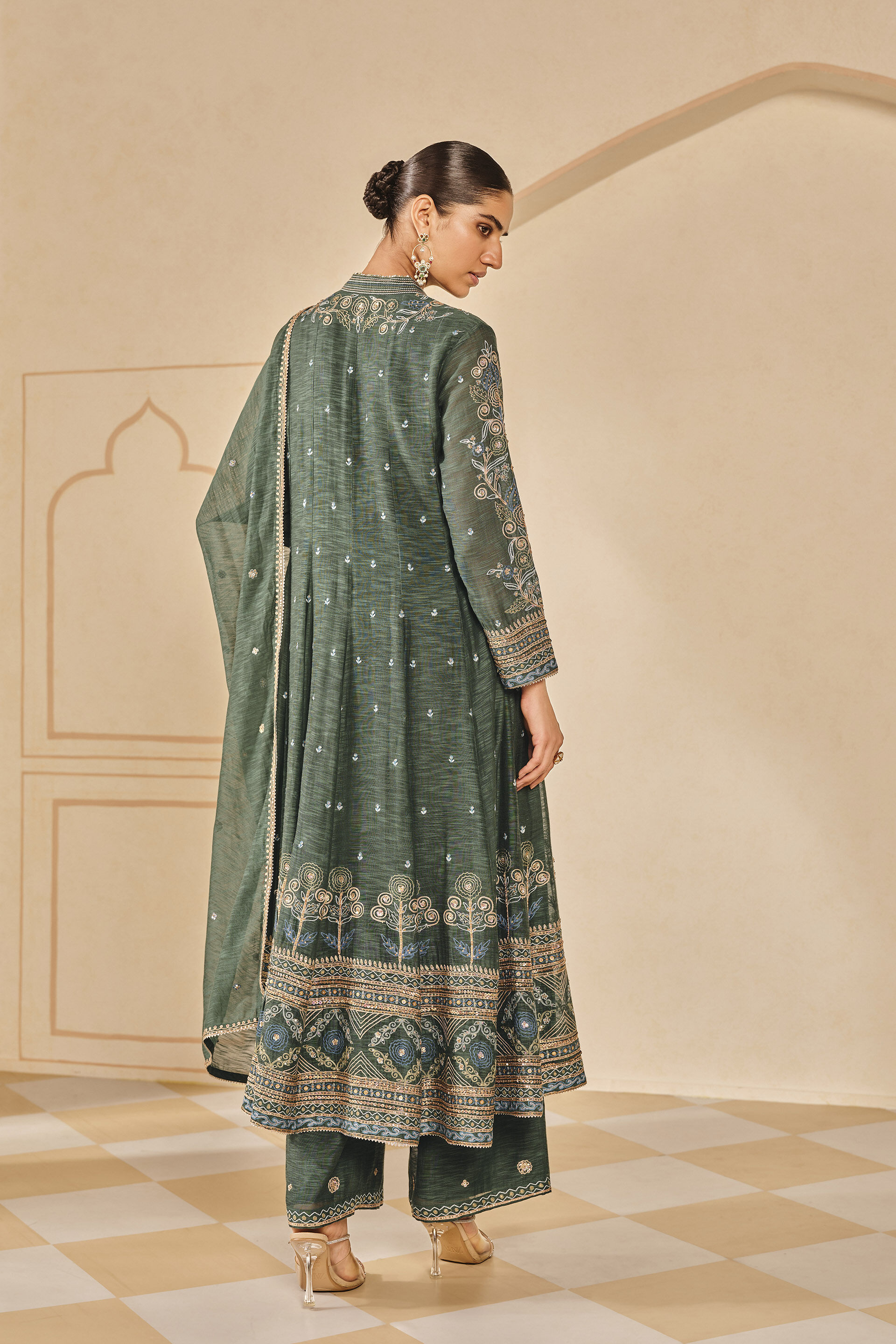 Zunaira Embroidered Mul Anarkali Set - Green, Emerald, image 2
